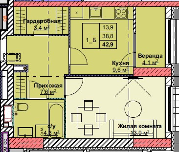Доступные планировки в ЖК Каштановый двор, 42,9 м2